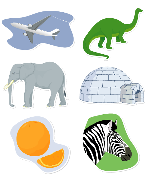 airplane, dinosaur, elephant, igloo, orange, and zebra illustrations
